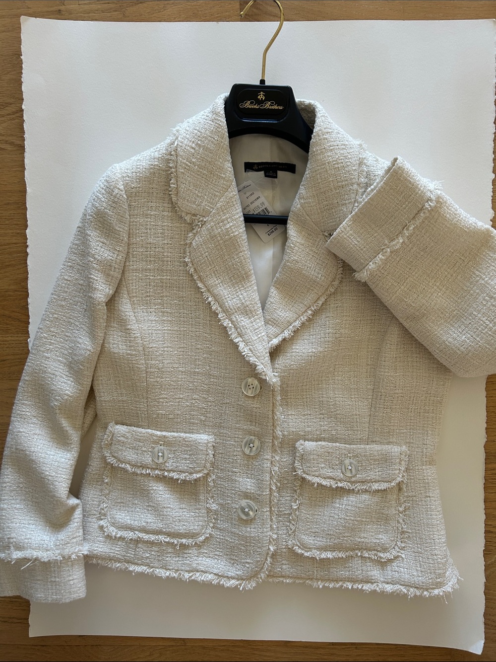 Brooks Brothers Cream Bouclé Fringed-Trim Blazer